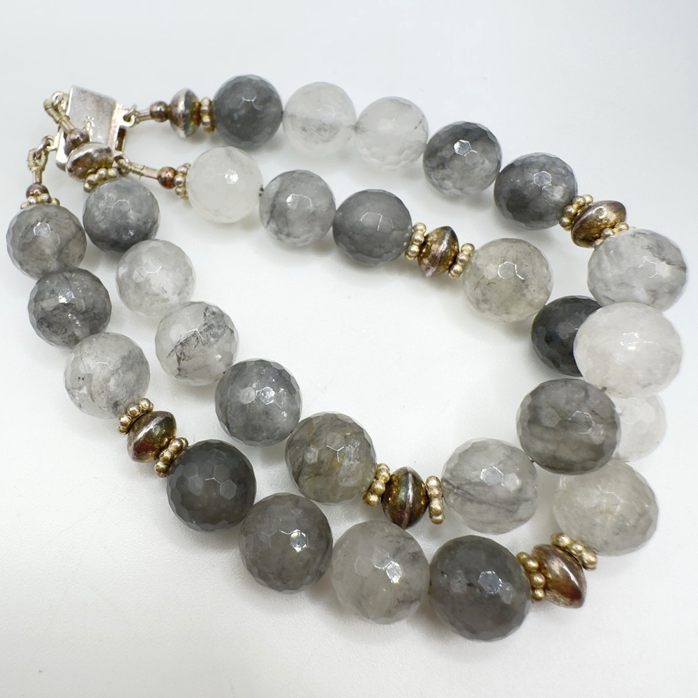 Quartz Crystal Gemstone Bracelet Double Strand 925 Sterling Beads Push Clasp 7"